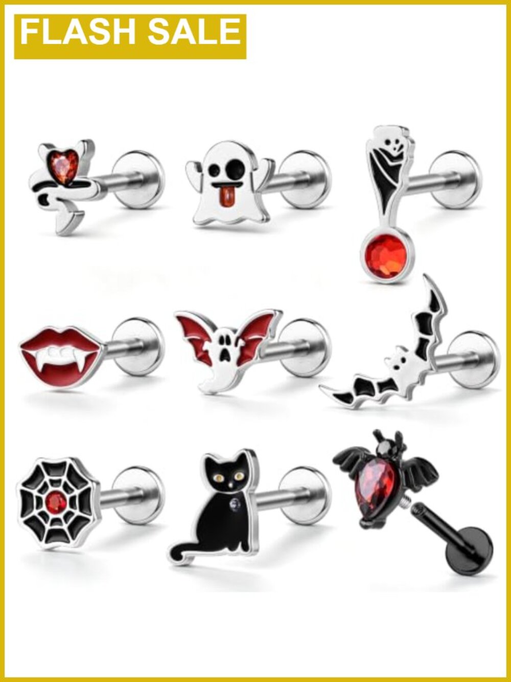 16G Halloween Flat Back Studs Stainless Steel Internally Threaded Piercing